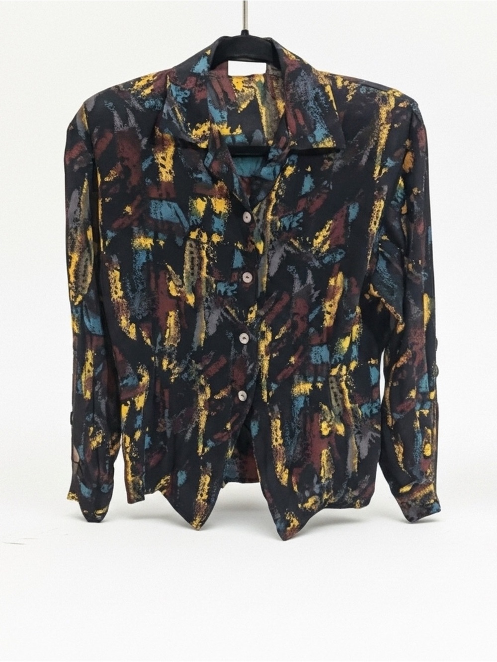 Vintage Abstract Brushstroke Button-Up Blouse in Black, Teal & Mustard